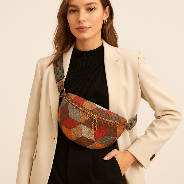 Eine Frau trägt die bunte Patchwork-Gürteltasche
