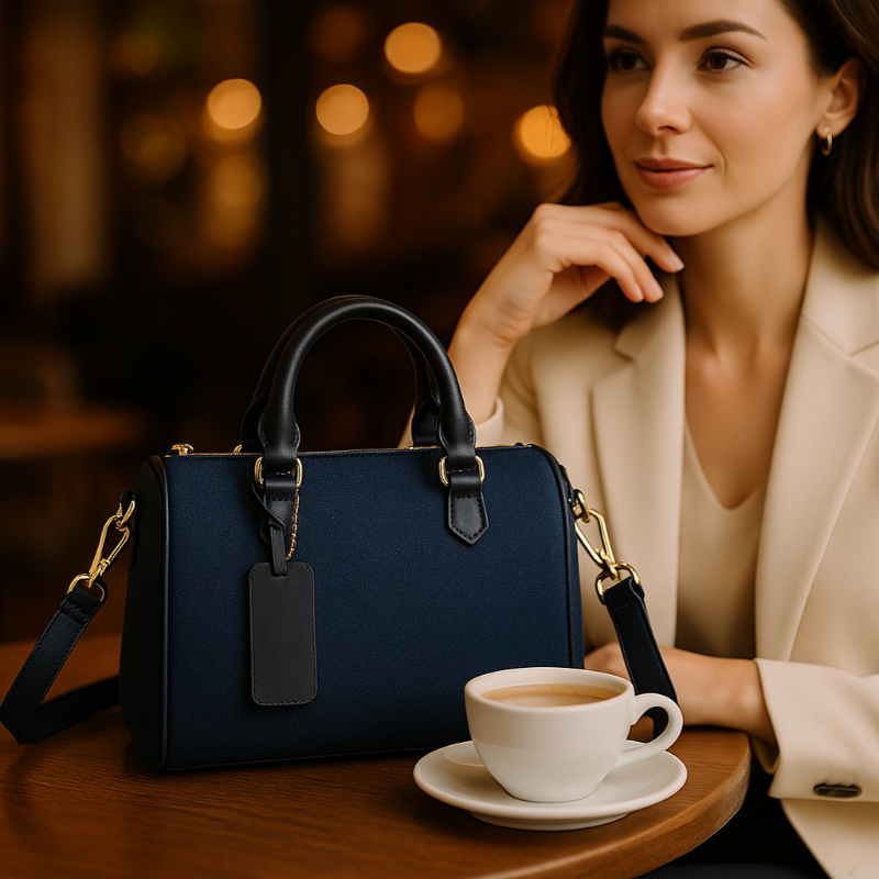 Café-Szene mit der marineblauen Handtasche