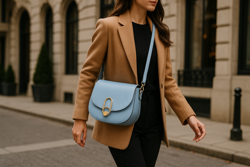 Crossbody-Style - Hellblaue Tasche quer getragen