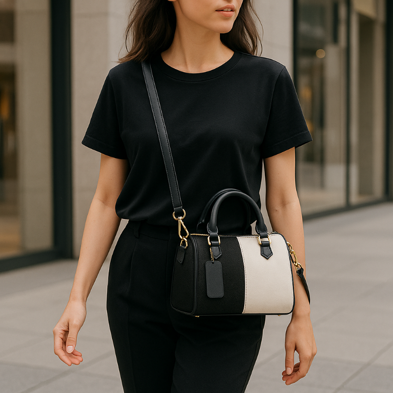 Crossbody-Trageweise der schwarz-weißen Handtasche