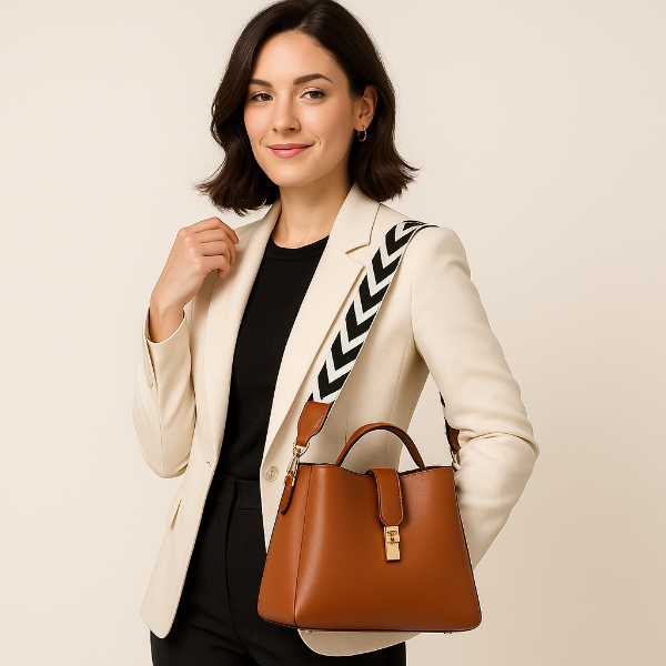 Eine Frau trägt die braune Lederhandtasche mit Chevron-Muster