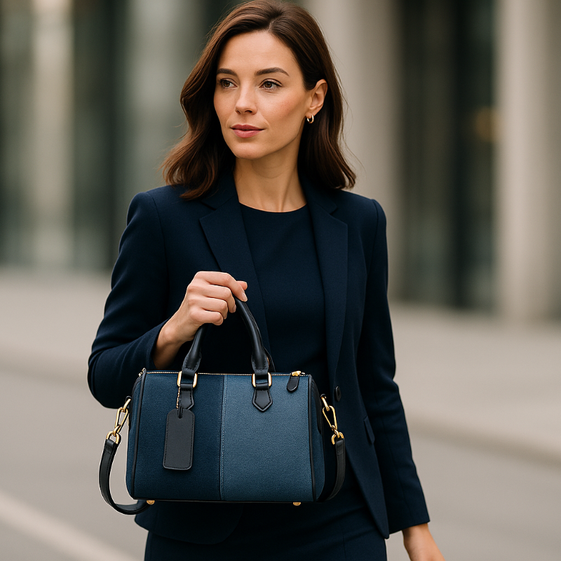 Lifestyle-Aufnahme einer Frau mit der marineblauen Handtasche