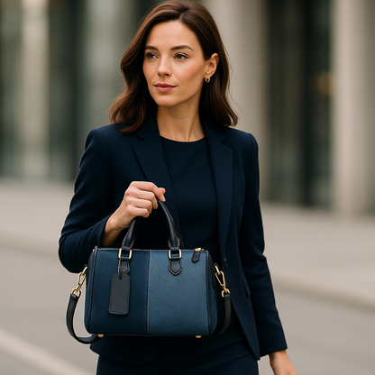 Lifestyle-Aufnahme einer Frau mit der marineblauen Handtasche