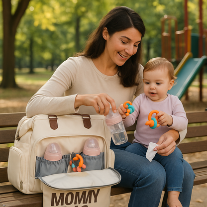 Mutter nutzt Mommy Bag im Park